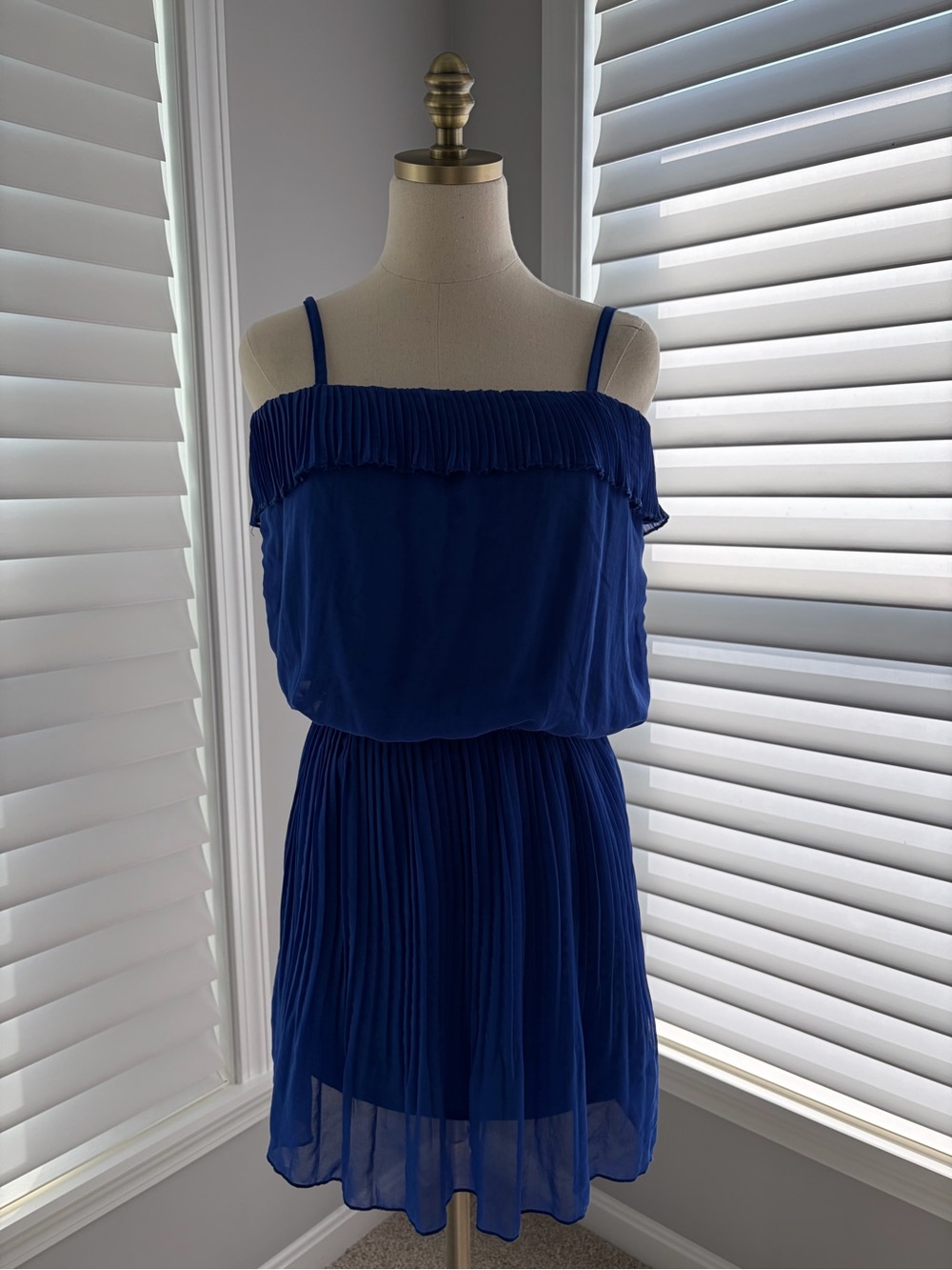 Cinderella Royal Blue Pleated Spaghetti Strap Mini Dress